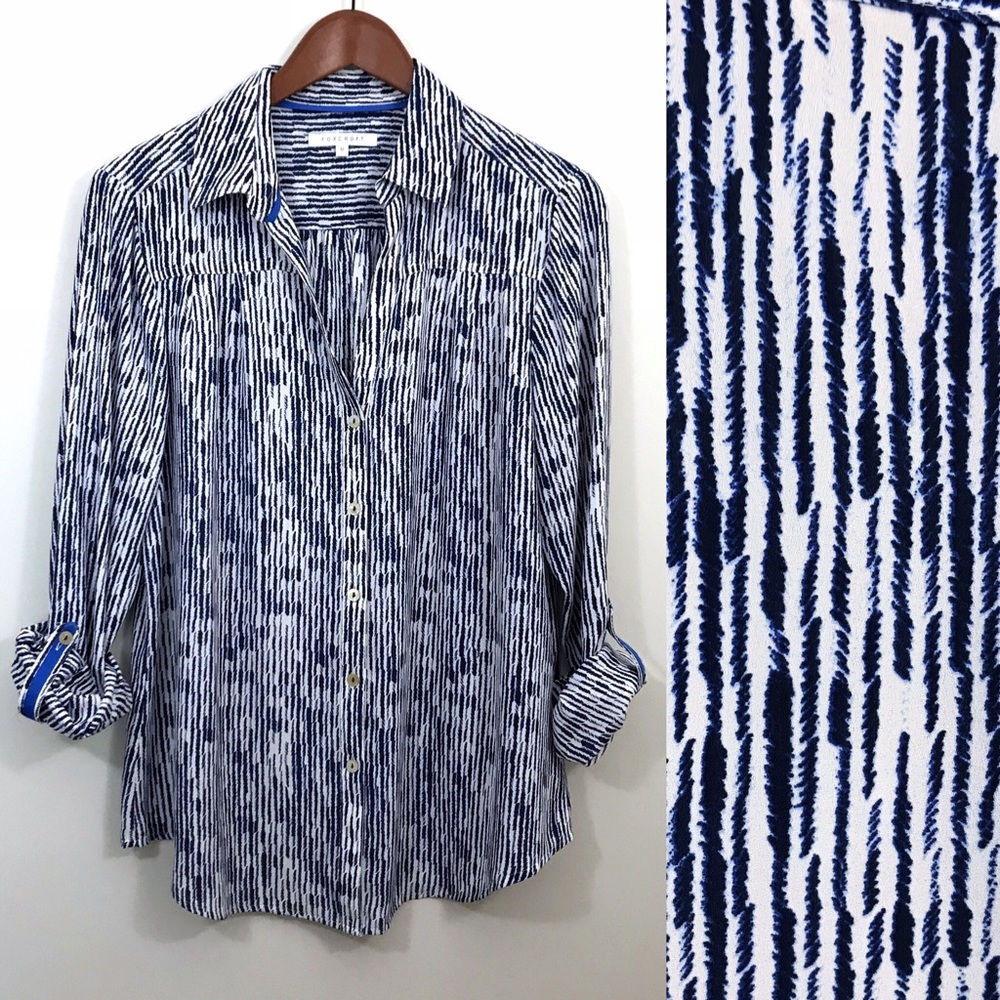 Foxcroft Silky Blue Abstract Roll Cuff Blouse